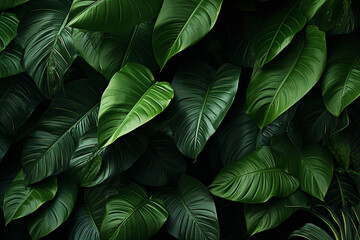 Tropical leaves as background, top view. Green foliage texture
