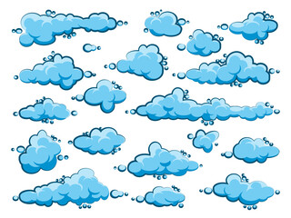 Painted cartoon clouds on blue background. Simple hand drawn round cloud, summer sky panorama, cloudscape. Flat design. Vector illustration