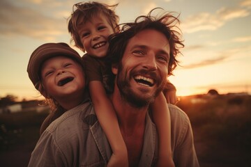 Father with children on his shoulders in nature at sunset.