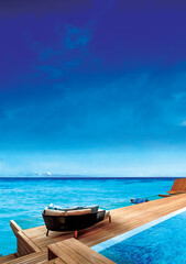 Fototapeta na wymiar Maldives with a pleasant cloudy background, wooden pier on the beach