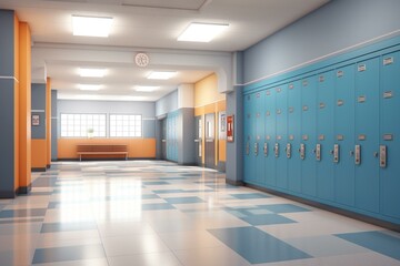 3D illustration of high school lobby with blue lockers and sports club hallway. Generative AI