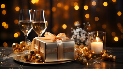 Fototapeta na wymiar Christmas background with Champagne glasses and gifts or New Year