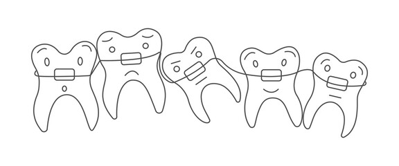 Doodle cute teeth with braces. Dental care. Oral hygiene concept for children for pediatric dentistry. Teeth cleaning and prevention. Healthy smile. Vector illustration