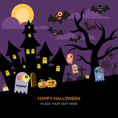 Halloween night background with bats, pumpkin, haunted house and full moon vector illustration. Flyer or invitation template for Halloween party with blank space.