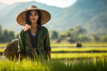 beautiful asian girl rice worker woman at rice fields - obrazy, fototapety, plakaty