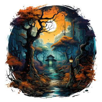 An Autumn Doors t-shirt design showcasing a door in a mystical forest glade during a full moon night, Generative Ai