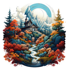 An Autumn Doors t-shirt design with a door leading to a cozy cabin in the mountains, surrounded by a carpet of colorful leaves, Generative Ai