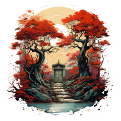 An Autumn Doors t-shirt design showcasing a door in a mystical forest, with leaves in shades of gold and red, Generative Ai