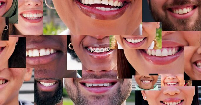 Smile, teeth and dental collage with people in a collection together for diversity, unity or inclusion. Mouth, happy or lips with a montage of natural men and women closeup for hygiene or oral care