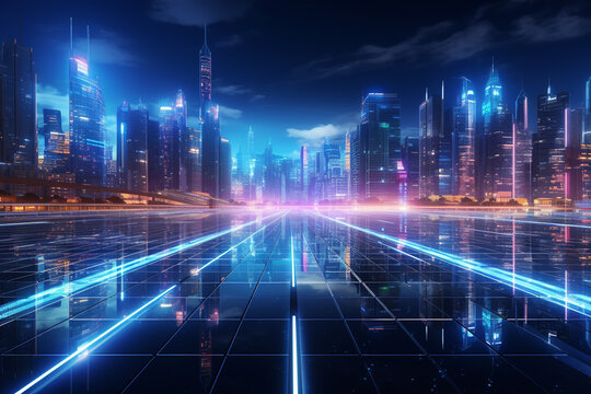 Futuristic city at night with glowing lights and cyberspace