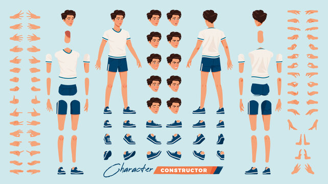 Sporty teenage, handsome brunette boy character DIY constructor. Active sportsman young man figure parts. Head, leg, hand gestures, male game coach different emotions. Vector cartoon construction kit