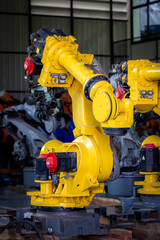 Robotics, Robot for industry. Collaborative robot, safe, flexible. AI Robot, robot arm in the manufacturing automation and robotics manufacture room. Hitec technology. Industrial Robotic Manipulator.