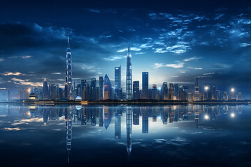 shanghai skyline at night with reflection in water China.