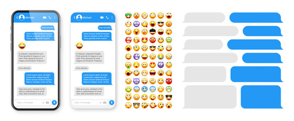 Smartphone messaging app, user interface design with emoji. SMS text frame. Chat screen with blue message bubbles. Texting app for communication. Social media application. Vector illustration