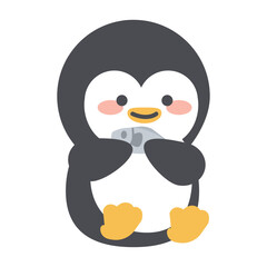 Cute penguin Eating Fish Flat Cartoon Style