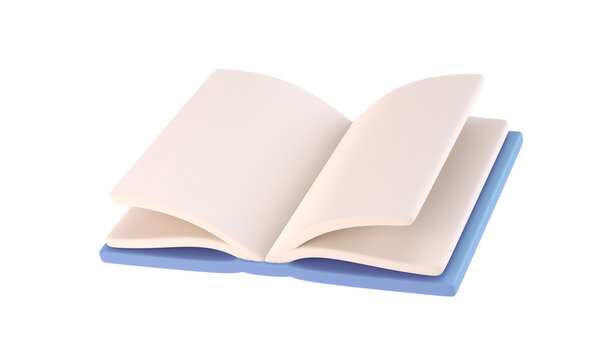 3d icon open book school, diary with white paper blank pages and bookmark. Cartoon minimal style transparent