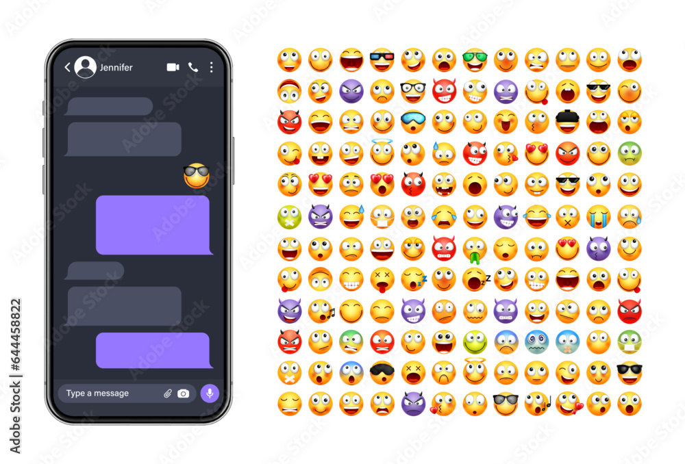 Poster smartphone messaging app, user interface with emoji. sms text frame. chat screen, violet message bub