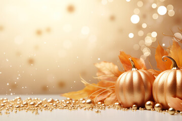 golden glitter pumpkins with fall leaves on white ground with a beautiful bokeh backgound with space for text, soft and golden colors - obrazy, fototapety, plakaty