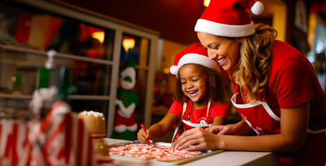 Mother and Daughter building a Gingerbread House together for Christmas. Happy family traditions and decorations for the holiday season. Shallow field of view.