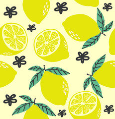 Yellow Lemon and lemon slice citrus seamless pattern