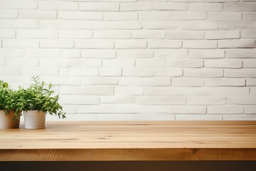 Simple wooden table, plant, white brick wall background, minimalist style. Generative AI