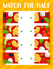Match the half of cartoon funny italian pasta characters. Vector game worksheet with separated pieces of lumaconi giganti, ravioli, spaghetti and creste cute macaroni Italy cuisine food personages