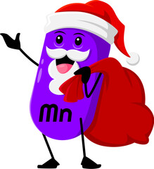 Cartoon Christmas Mn micronutrient character dons a Santa hat, with a gift bag. Isolated vector cheerful Manganese Noel vitamin capsule personage adding a touch of holiday charm to the nutrient world