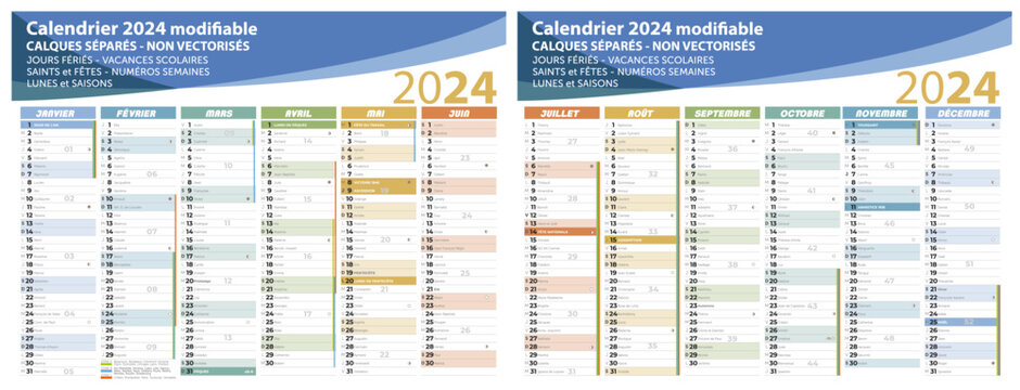 Calendrier scolaire 2023-2024, calques, vacances scolaires, Saints, 12 mois  Stock Vector