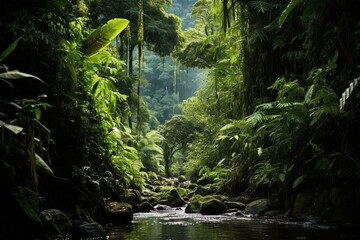 Lush jungle wilderness with thick vegetation and rich biodiversity. Generative AI - obrazy, fototapety, plakaty