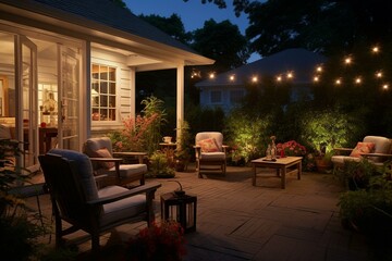 Enjoying a charming evening on a suburban house patio with beautiful garden lighting. Generative AI