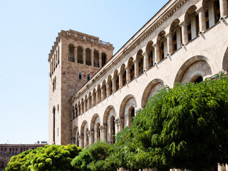Fototapeta premium wall and tower of Government House in Yerevan city, Armenia on sunny summer day