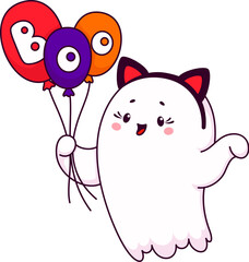 Cartoon Halloween kawaii cute ghost character holding colorful balloons. Adorable vector spook personage wear kitten ears headwear radiating charm and innocence with its playful and endearing presence