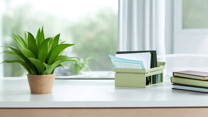 Fototapeta premium Productive Study Table Setup: Books, Glasses, Potted Plant, and Ample Copy Space. 
