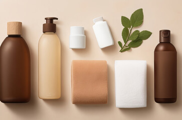 Brown Bathroom Bottle Mockup for Spa Shampoo, Shower Gel, and Liquid Soap. 