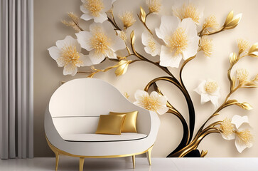 3D Floral Tree Wallpaper: White Flower Leaves and Golden Stem Background. Generative AI.