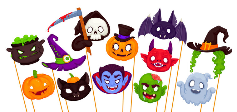 Halloween photo booth masks and props with cartoon monster faces for holiday, vector icons. Halloween funny masks of creepy pumpkin, death and witch hat, vampire and ghost boo with bat and black cat