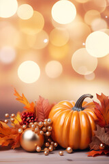 Naklejka na ściany i meble pumpkin with fall leaves, bokeh background, fall background with space for text