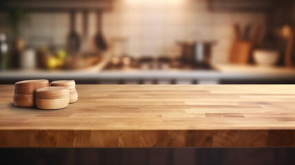Fototapeta na wymiar Empty wood table top counter and blur bokeh modern kitchen interior background. Generative AI.