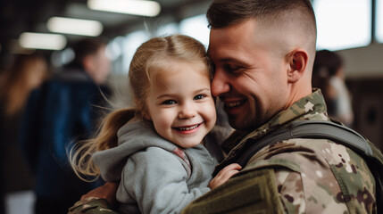 A joyful young soldier embracing their family at the airport, with copy space