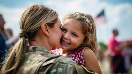 A soldier's homecoming ceremony filled with smiles and tears of happiness, with copy space