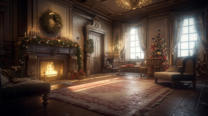 Fireplace in room with Christmas decorations. Interior design. Generative AI - obrazy, fototapety, plakaty