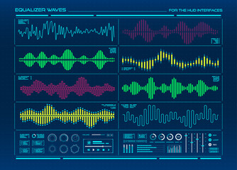 HUD equalizer, music digital sound wave and voice recognition signals. Graphic equalizer interface vector elements with color soundwaves, sound frequency waveforms, audio spectrum line and bar graphs
