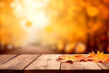 Naklejka na ściany i meble Empty wooden table with blurred autumn background. Copy space
