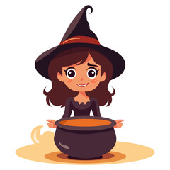 Adorable Little Witch with Cauldron - Halloween Vector Illustration