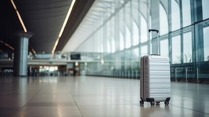 Generative AI, stylish modern suitcase on the background of the airport building, travel, luggage, check-in, vacation, business trip, bag, shiny case on wheels, urban design, high-tech interior, light