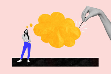 Photo image collage of young woman minded bubble cloud figure empty space text box needle destroy...