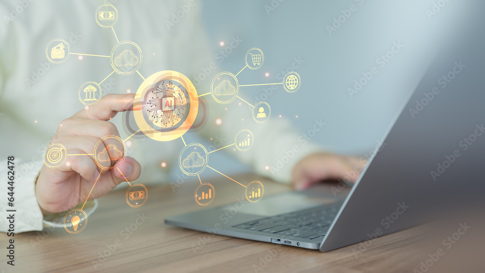 Aufkleber Digital transformation change management, internet of things. Technology big data and business process strategy, Financial management, smart industry. Ai technology with cloud computing.