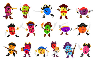 Cartoon vitamin and micronutrient pirate or corsair characters, vector funny pills. Kids cartoon vitamins as captain with Jolly Roger flag in tricorn hat, Caribbean pirate corsairs with treasure chest