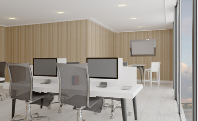Open space office interior with like conference room. Mockup. 3D rendering.. Blank paintings.  Mockup.