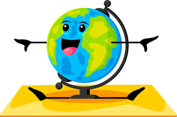 Cartoon globe school supply character on yoga fitness sport. Isolated vector personage exercising on mat, encouraging balance, flexibility, and strength for a harmonious and healthy lifestyle